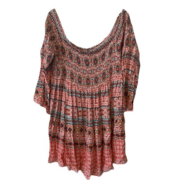 Torrid 3X Mosaic Print Smocked Bell Sleeve Mini Dress Off Shoulder Boho Rayon - Picture 2 of 8